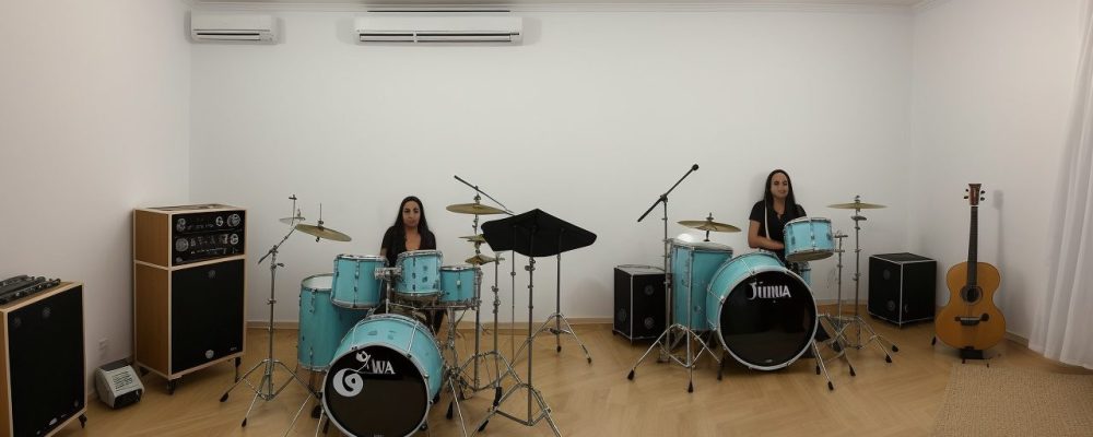 Imagem de estudantes em aula de música, tocando instrumentos musicais e estudando teoria musical.