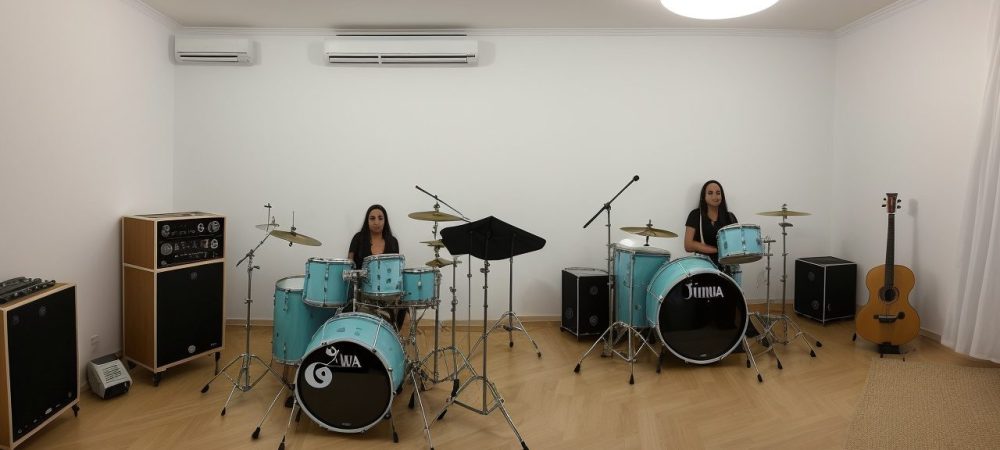 Imagem de estudantes em aula de música, tocando instrumentos musicais e estudando teoria musical.