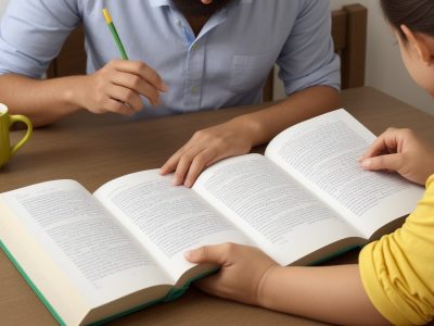 Ambiente de aprendizado de inglês básico com estudantes usando aplicativos e livros.