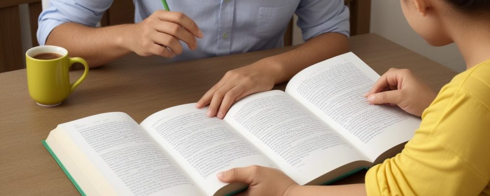 Ambiente de aprendizado de inglês básico com estudantes usando aplicativos e livros.