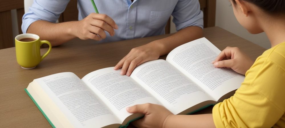 Ambiente de aprendizado de inglês básico com estudantes usando aplicativos e livros.