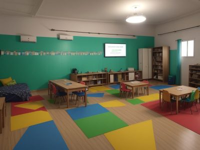 Alunos engajados em atividades de aprendizagem criativa e cultura maker em uma sala de aula moderna e colaborativa.