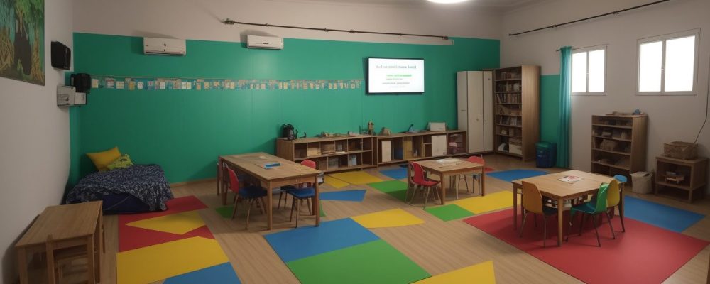 Alunos engajados em atividades de aprendizagem criativa e cultura maker em uma sala de aula moderna e colaborativa.