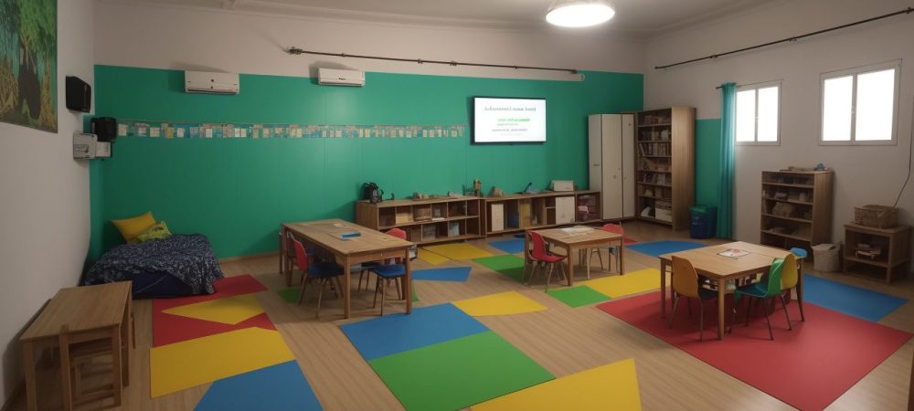Alunos engajados em atividades de aprendizagem criativa e cultura maker em uma sala de aula moderna e colaborativa.
