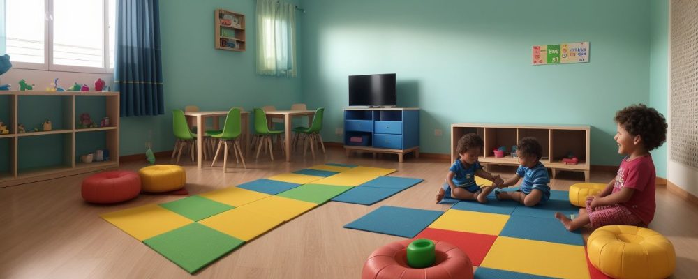 Crianças interagindo em sala de aula com jogos educativos para desenvolvimento infantil