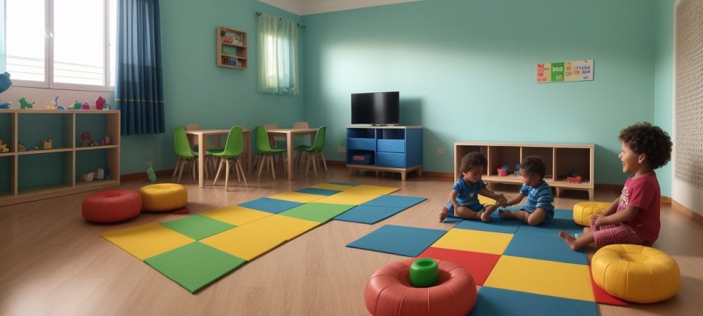 Crianças interagindo em sala de aula com jogos educativos para desenvolvimento infantil