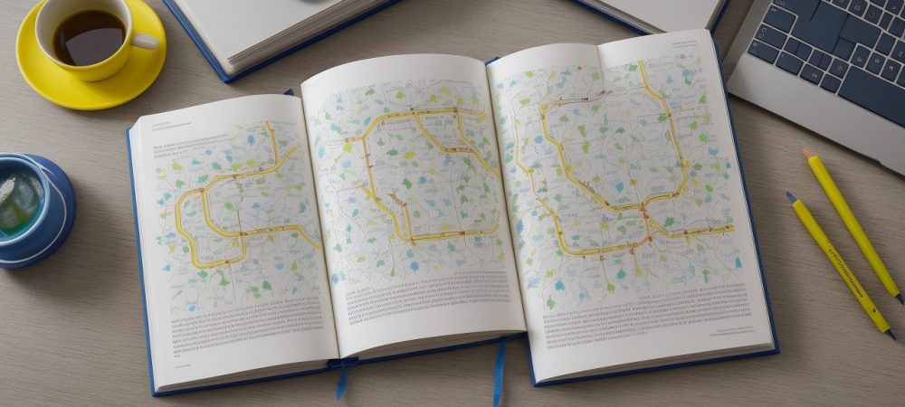 Ilustração mostrando ferramentas de escrita, livros e um estudante praticando técnicas de escrita para aprimorar suas habilidades.