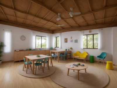 Sala de aula montessori com mobiliário adequado, promovendo um ambiente de aprendizado estimulante e autonomia.