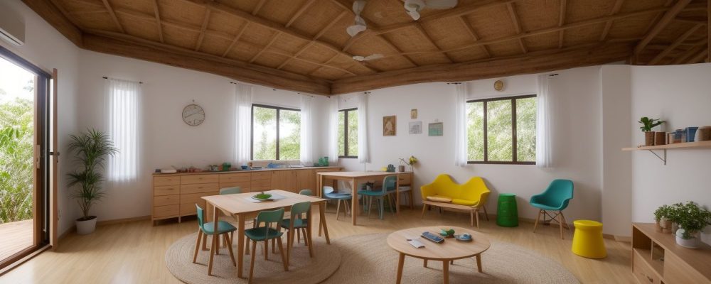 Sala de aula montessori com mobiliário adequado, promovendo um ambiente de aprendizado estimulante e autonomia.