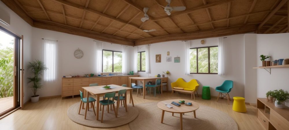 Sala de aula montessori com mobiliário adequado, promovendo um ambiente de aprendizado estimulante e autonomia.