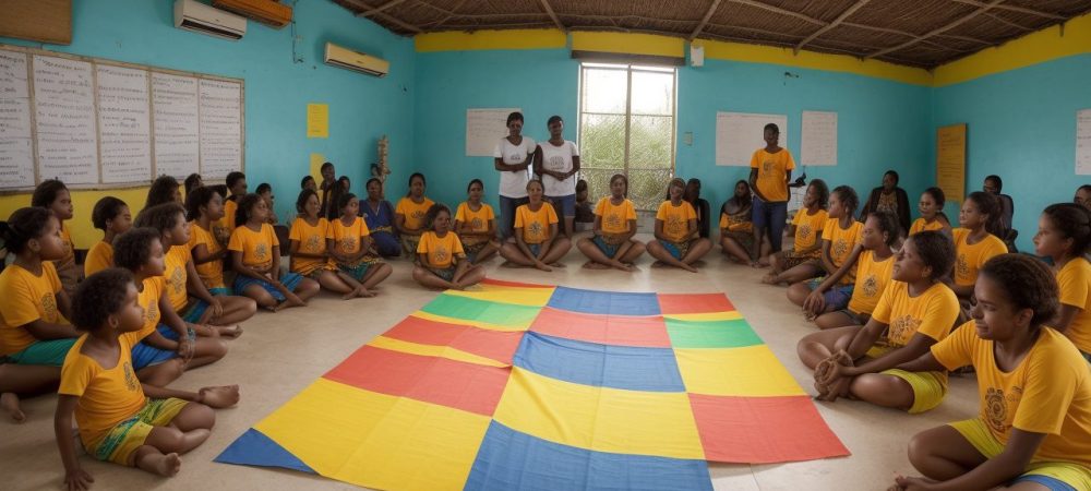 Alunos participando de atividades integradas de arte e educação física, explorando criatividade e movimento.