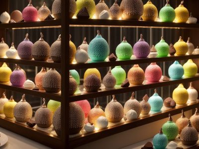 Imagem de bombons decorados e esculturas de chocolate, representando a arte em chocolate e suas técnicas