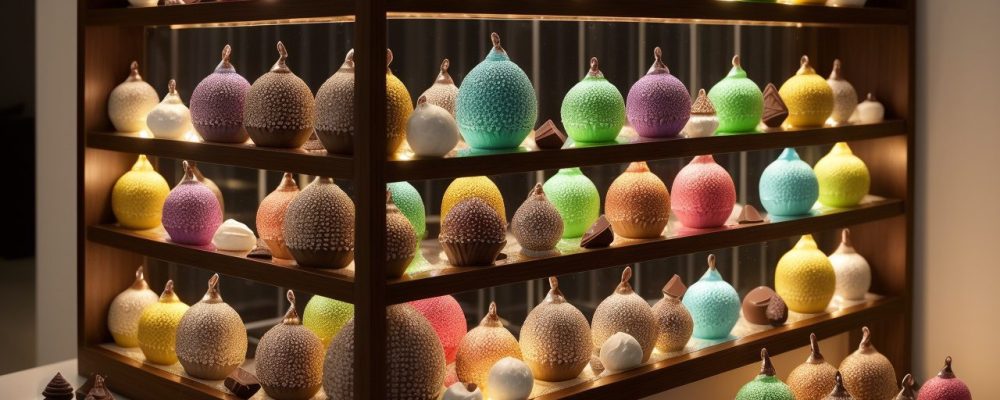 Imagem de bombons decorados e esculturas de chocolate, representando a arte em chocolate e suas técnicas