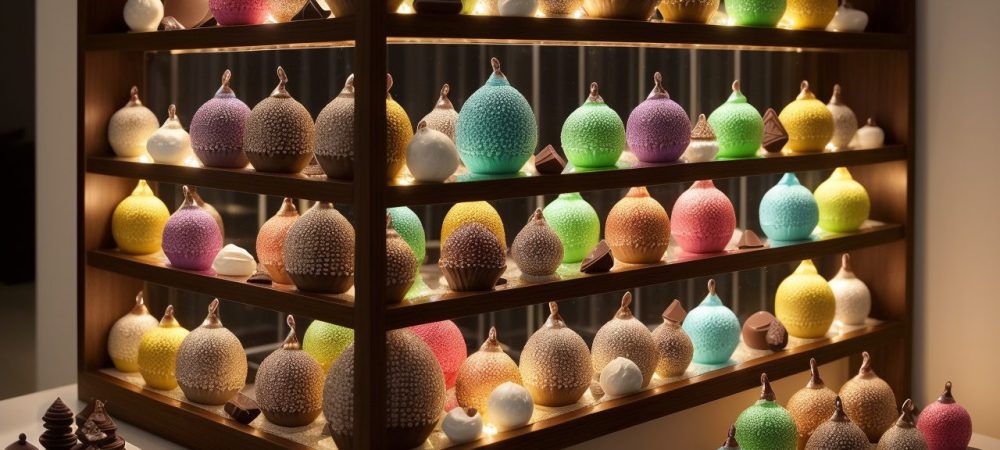 Imagem de bombons decorados e esculturas de chocolate, representando a arte em chocolate e suas técnicas
