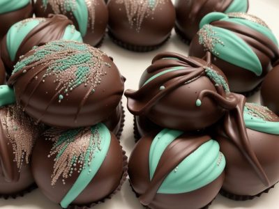 Bombons decorados e esculturas de chocolate exibem a arte em chocolate, com detalhes e técnicas de confeitaria
