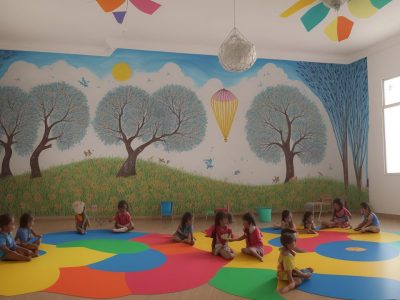 Crianças em atividades de artes visuais, explorando cores e formas em sala de aula, com materiais de arte e referências a um curso online de artes.