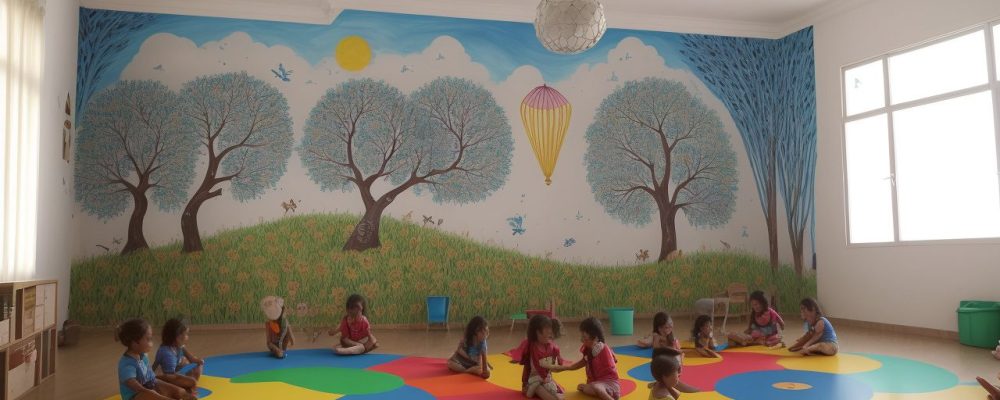 Crianças em atividades de artes visuais, explorando cores e formas em sala de aula, com materiais de arte e referências a um curso online de artes.