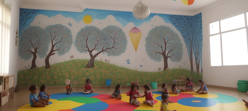Artes Visuais na Educação Infantil: Criatividade e Aprendizado Crianças em atividades de artes visuais, explorando cores e formas em sala de aula, com materiais de arte e referências a um curso online de artes.