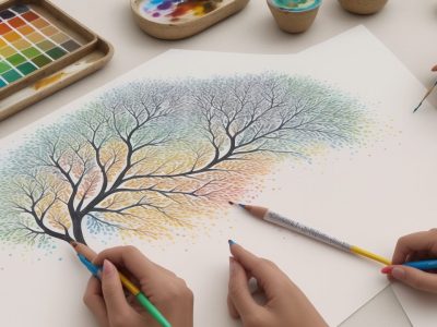 Imagem representando arteterapia, mostrando pessoas usando arte para expressar emoções e promover cura e bem-estar.