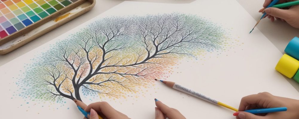 Imagem representando arteterapia, mostrando pessoas usando arte para expressar emoções e promover cura e bem-estar.