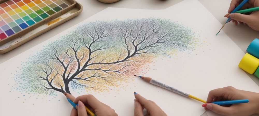 Imagem representando arteterapia, mostrando pessoas usando arte para expressar emoções e promover cura e bem-estar.