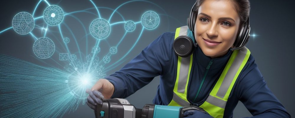 Profissional de assessoria de imprensa comunicando em um ambiente de trabalho moderno, com elementos visuais que representam estratégias de comunicação e o setor público.