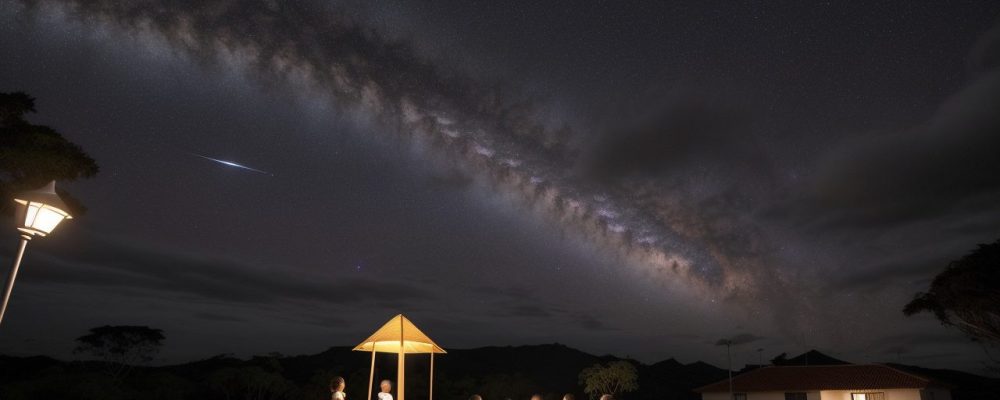 Professor e alunos em sala de aula utilizando um telescópio para iniciantes, explorando o céu noturno e conceitos de astronomia.