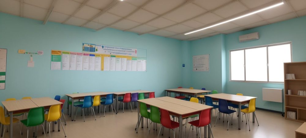 Professores e alunos em sala de aula colaborativa, focando em educação inclusiva e plano de atendimento educacional especializado (AEE)