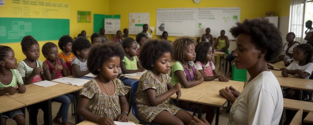 Crianças e jovens participando de atividades educativas e culturais sobre a história e a cultura afro-brasileira, celebrando o Dia da Consciência Negra.
