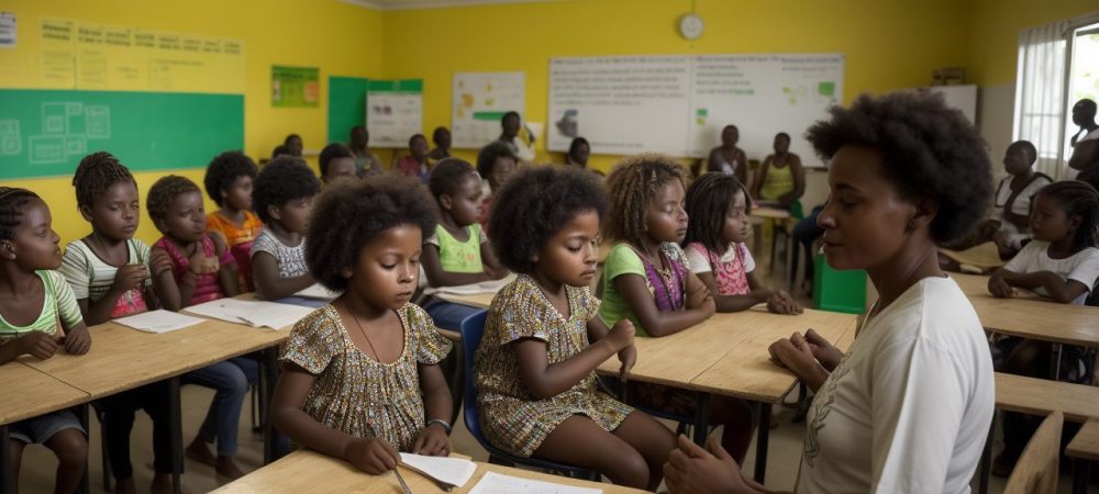 Crianças e jovens participando de atividades educativas e culturais sobre a história e a cultura afro-brasileira, celebrando o Dia da Consciência Negra.