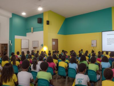 Estudantes em aula de ensino religioso, participando de dinâmicas para promover reflexão e diversidade.