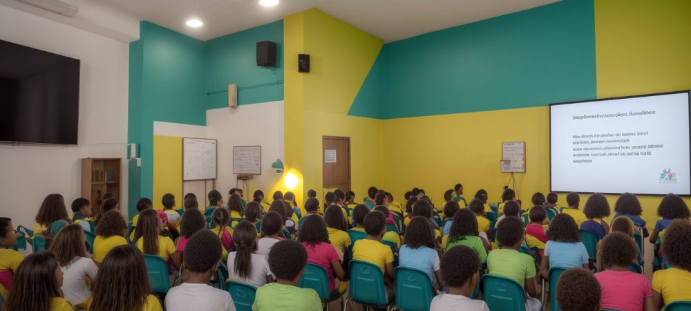 Estudantes em aula de ensino religioso, participando de dinâmicas para promover reflexão e diversidade.