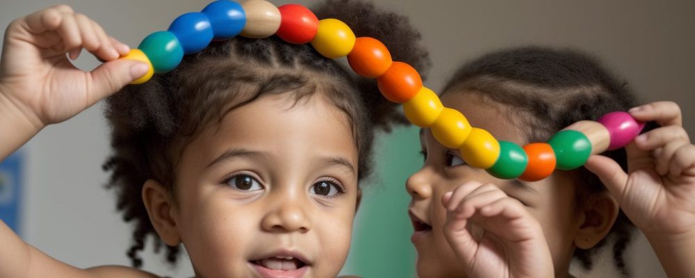 Crianças envolvidas em atividades lúdicas em um ambiente colorido e divertido, focando em brincadeiras e jogos educativos