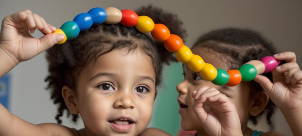 Atividades Lúdicas: Crianças Brincando e Aprendendo Juntas Crianças envolvidas em atividades lúdicas em um ambiente colorido e divertido, focando em brincadeiras e jogos educativos