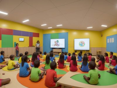 Crianças brincando com jogos educativos e atividades lúdicas em sala de aula, aprendendo e se divertindo na educação infantil