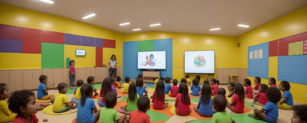 Crianças brincando com jogos educativos e atividades lúdicas em sala de aula, aprendendo e se divertindo na educação infantil