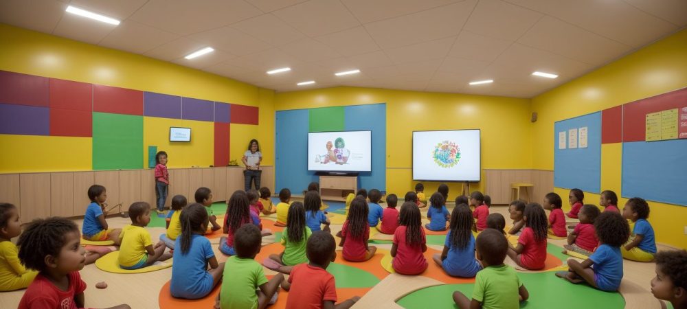 Crianças brincando com jogos educativos e atividades lúdicas em sala de aula, aprendendo e se divertindo na educação infantil