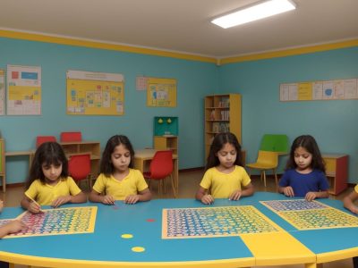 Crianças brincando com jogos e materiais educativos em sala de aula, aprendendo matemática na educação infantil de forma divertida e interativa.