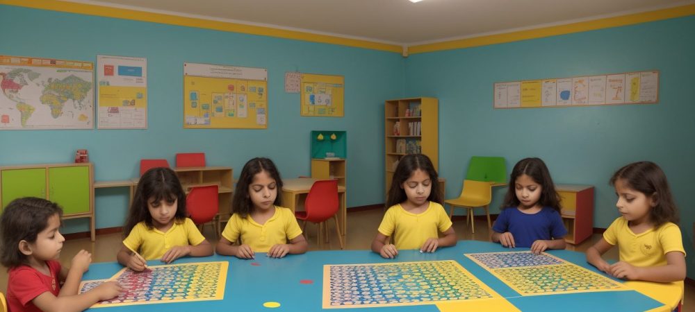 Crianças brincando com jogos e materiais educativos em sala de aula, aprendendo matemática na educação infantil de forma divertida e interativa.