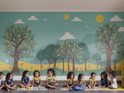 Crianças participando de atividades lúdicas sobre a Proclamação da República em sala de aula, com jogos e dramatizações