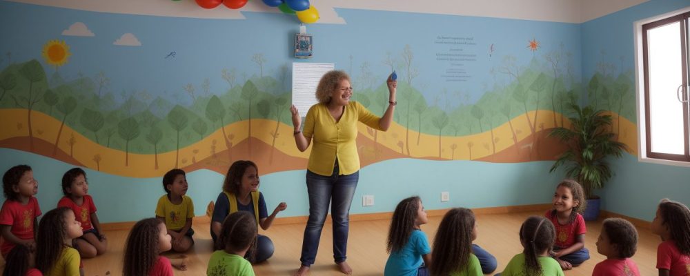 Crianças em sala de aula participando de atividades lúdicas e educativas, promovendo o aprendizado e desenvolvimento infantil.