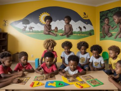 Crianças participando de atividades lúdicas e culturais para celebrar o Dia da Consciência Negra na educação infantil