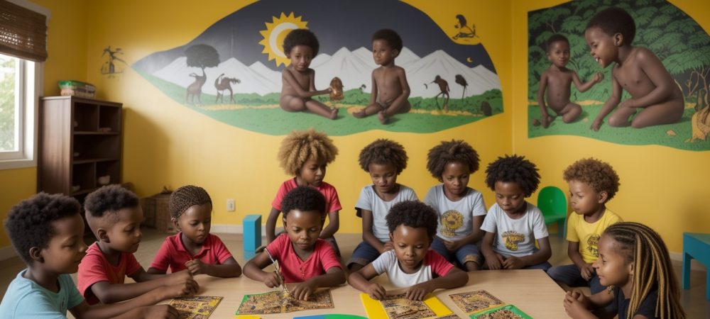 Crianças participando de atividades lúdicas e culturais para celebrar o Dia da Consciência Negra na educação infantil
