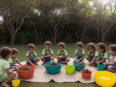 Crianças plantando mudas em um parque ensolarado, celebrando o Dia da Árvore com atividades lúdicas e educação ambiental.