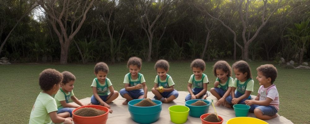 Crianças plantando mudas em um parque ensolarado, celebrando o Dia da Árvore com atividades lúdicas e educação ambiental.