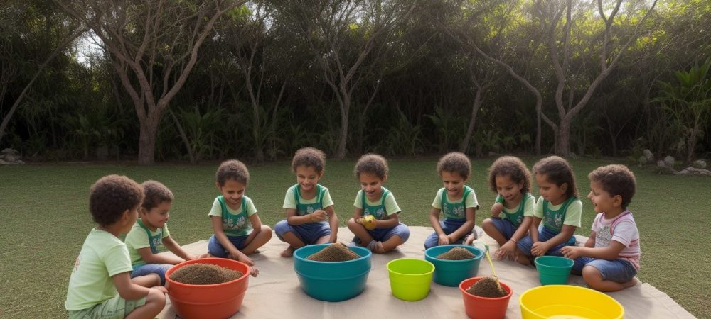 Crianças plantando mudas em um parque ensolarado, celebrando o Dia da Árvore com atividades lúdicas e educação ambiental.