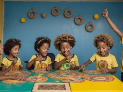 Crianças participando de atividades lúdicas e jogos educativos sobre cultura afro-brasileira em sala de aula, promovendo a consciência negra.