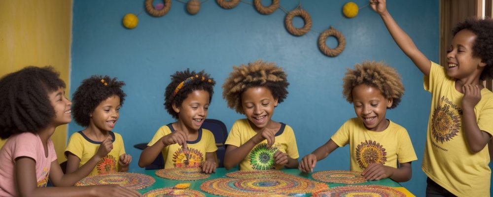 Crianças participando de atividades lúdicas e jogos educativos sobre cultura afro-brasileira em sala de aula, promovendo a consciência negra.