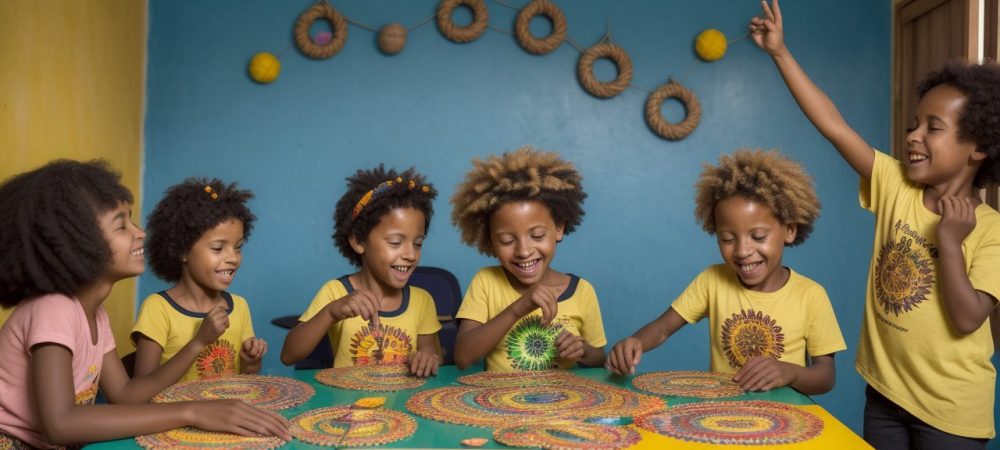 Crianças participando de atividades lúdicas e jogos educativos sobre cultura afro-brasileira em sala de aula, promovendo a consciência negra.