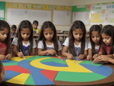 Alunos realizando experiências práticas em uma sala de aula de ciências do ensino fundamental, promovendo aprendizado e engajamento.